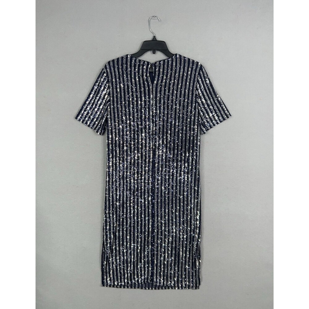Anthropologie Flat White Dress Women Small Navy Blue Silver Sequin Striped Party - Picture 11 of 16
